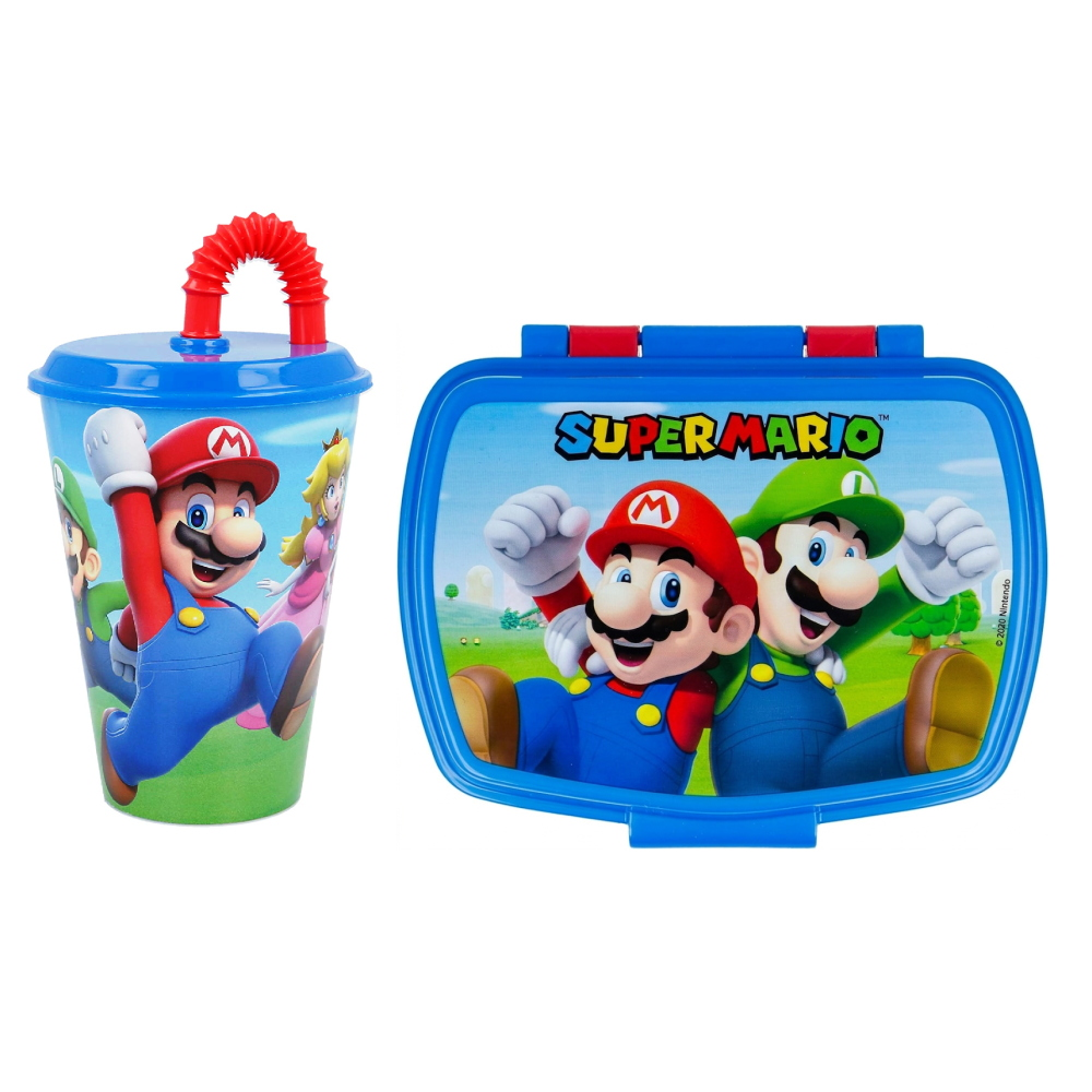 Set Super Mario Videogioco Luigi Peach Yoshi Toad Bicchiere con Cannuccia + Portamerenda Bpa Free - Supermario21/2pz