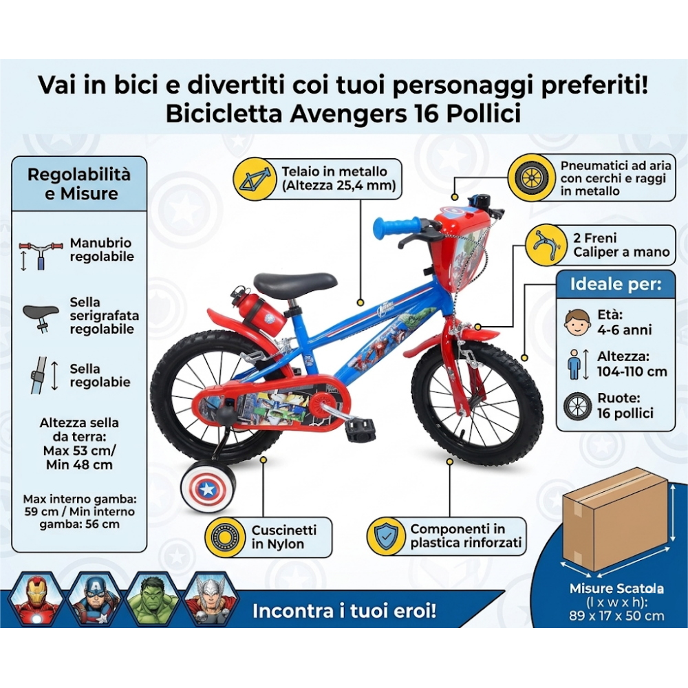 Bicicletta Avengers MARVEL 16" Età 4/6 Anni con Rotelle - 36588