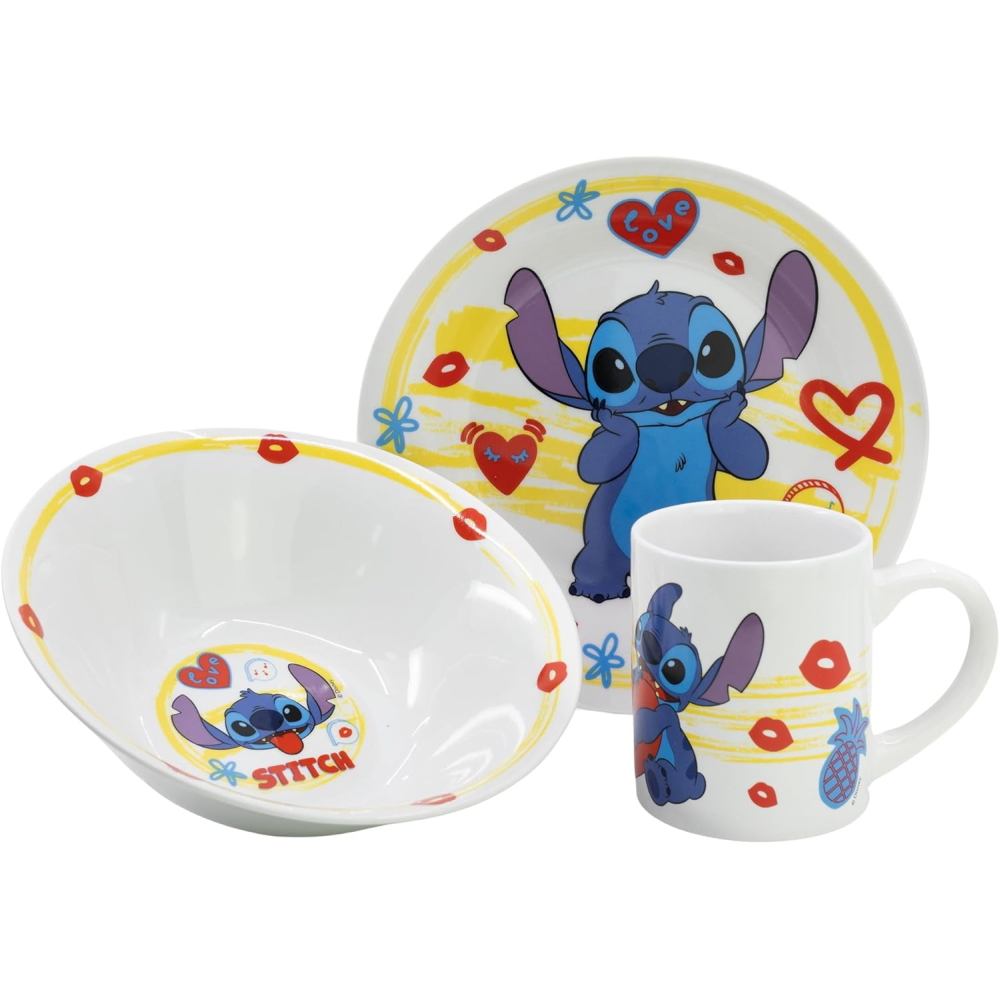 Set 3 Pezzi in Ceramica Stitch DISNEY Tazza Ciotola Piatto Stoviglie per Bambini in Confezione - 83055