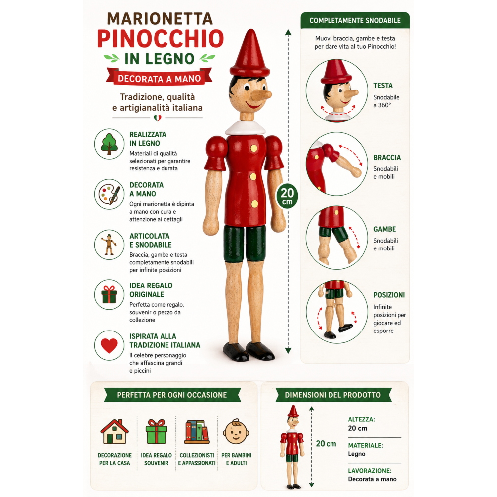Pinocchio Burattino Marionetta Figura in Legno Snodabile Cm. 20 - 20702