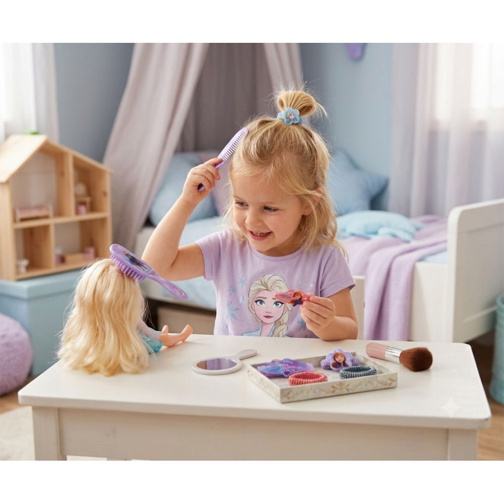 Accessori Capelli Frozen Ii Elsa Anna Disney: 1 Pettine-1 Spazzola-6 Codini-2 Clic-Clac - Wd20776