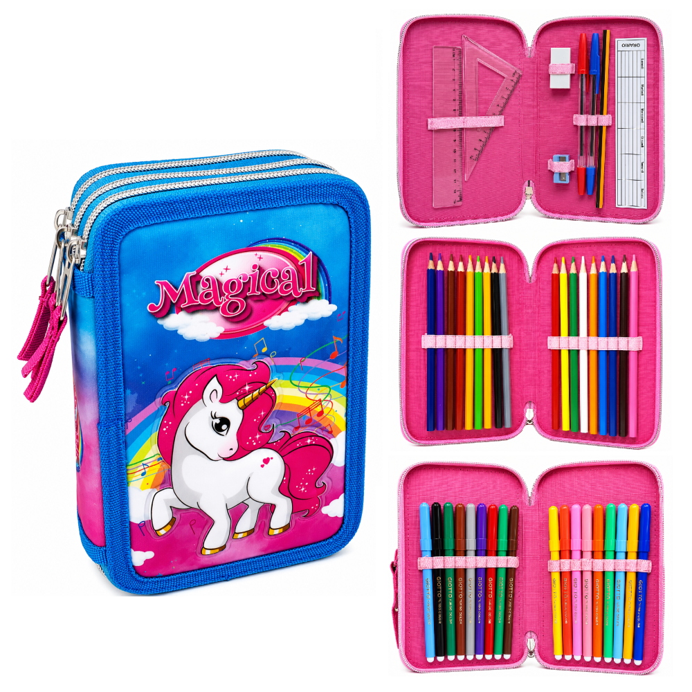 Astuccio Scuola 3d Unicorno Multiscomparto 3 Zip Portacolori Pennarelli Giotto - Uni0832-A