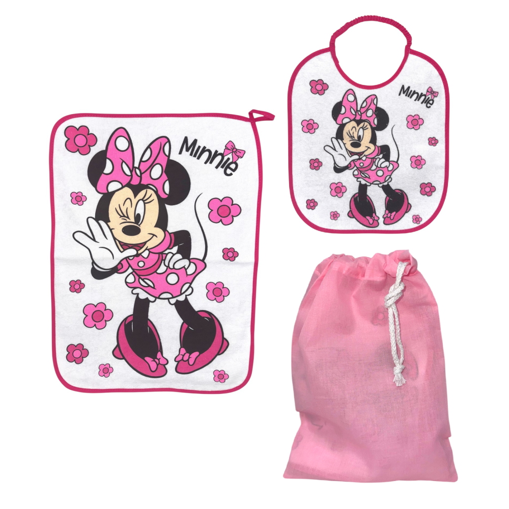 Set Asilo 3 Pezzi Minnie DISNEY Bavetta con Elastico Tovaglietta Sacca - Min0941