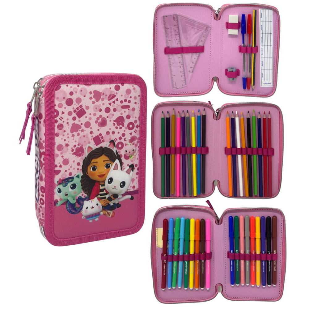 Astuccio Multiscomparto Gabby's Dollhouse 3 Zip per la Scuola Portacolori Giotto - Gab37-6468