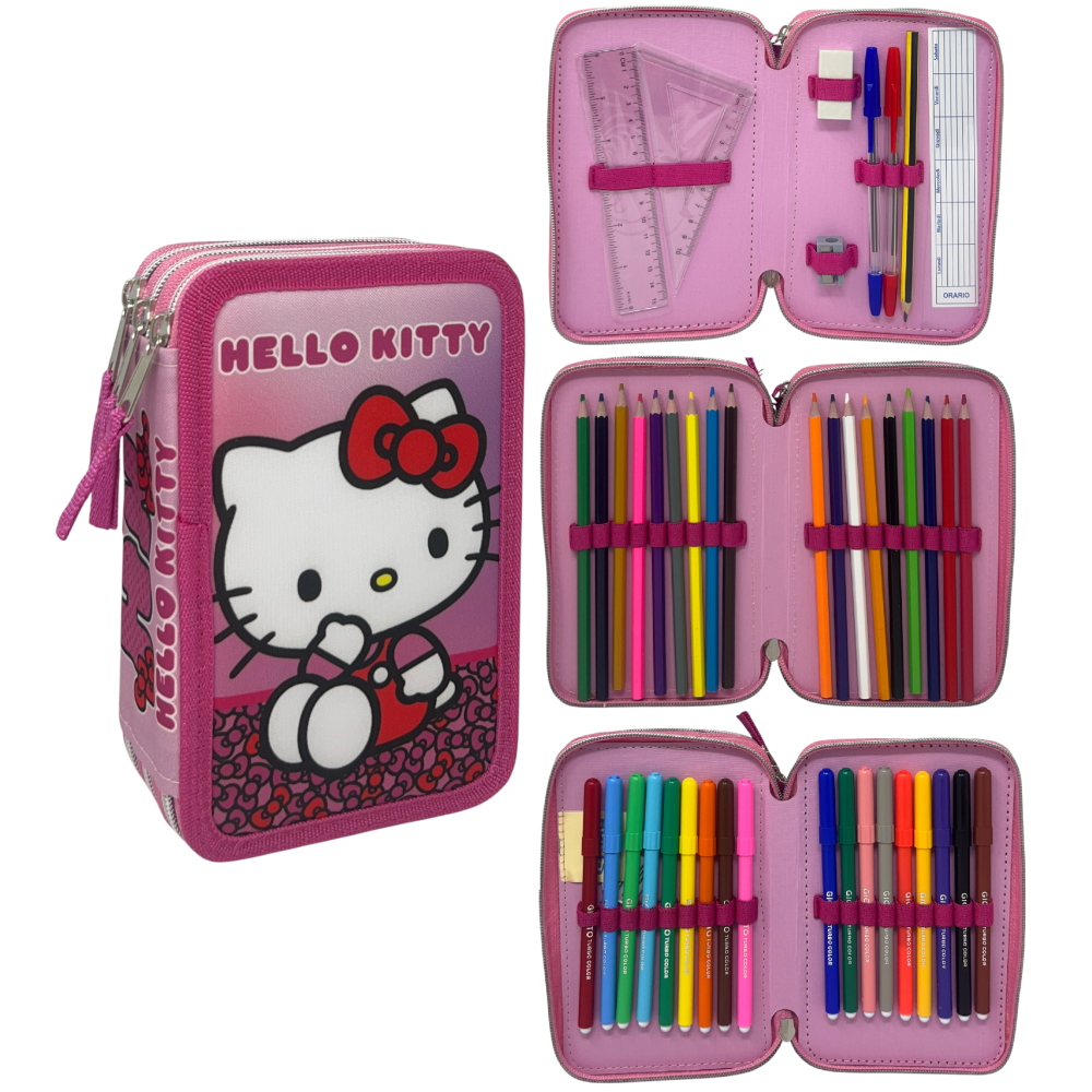Astuccio Multiscomparto Hello Kitty Sanrio 3 Zip per la Scuola Portacolori Giotto - Hk37-6271
