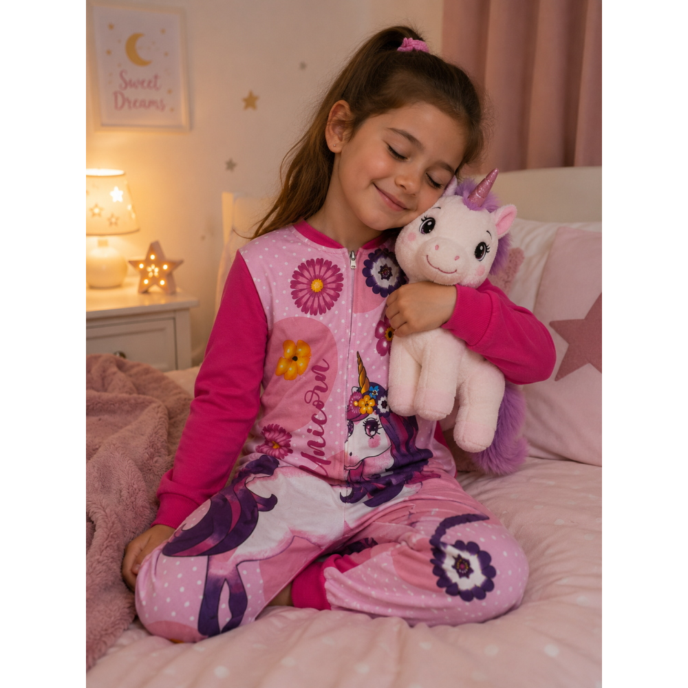 Pigiama Tutone Lungo Unicorno 100% Cotone Interlock - Uni0112fuxia
