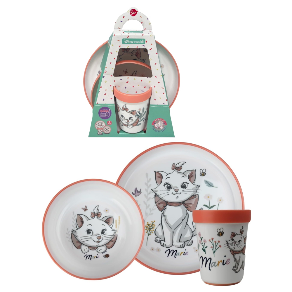 Set Pappa Marie DISNEY 3 Pezzi Stoviglie in Plastica con Silicone Antiscivolo Adatta Al Microonde- 86664