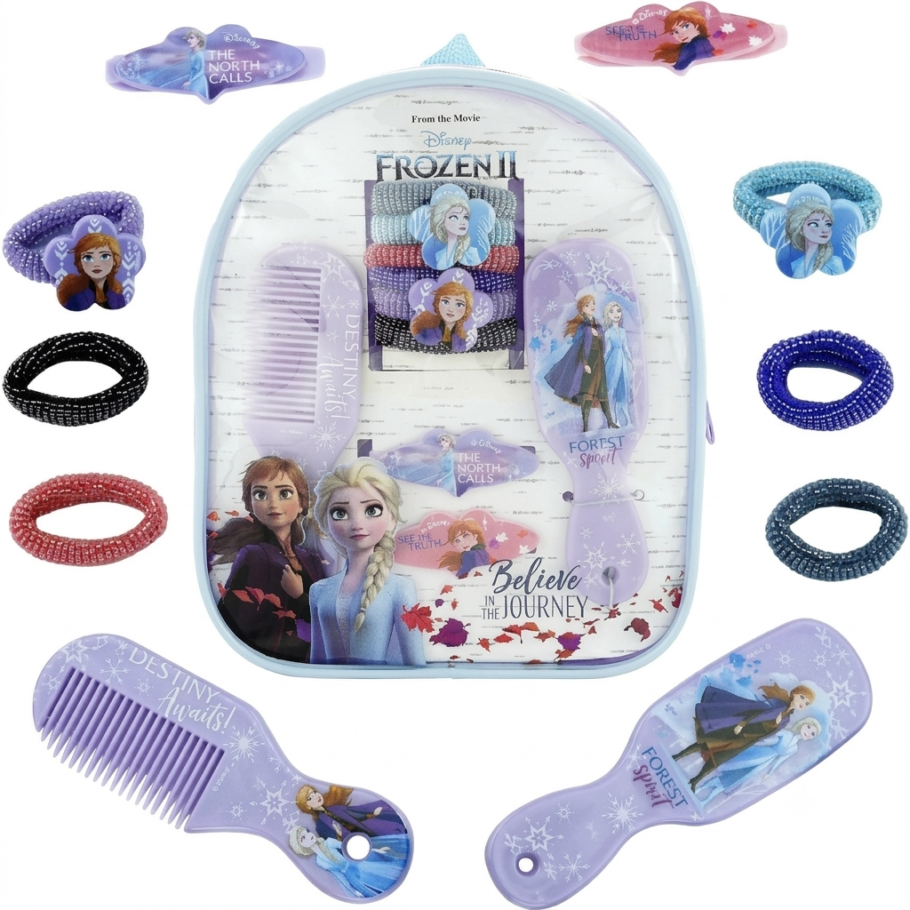 Accessori Capelli Frozen Ii Elsa Anna Disney: 1 Pettine-1 Spazzola-6 Codini-2 Clic-Clac - Wd20776