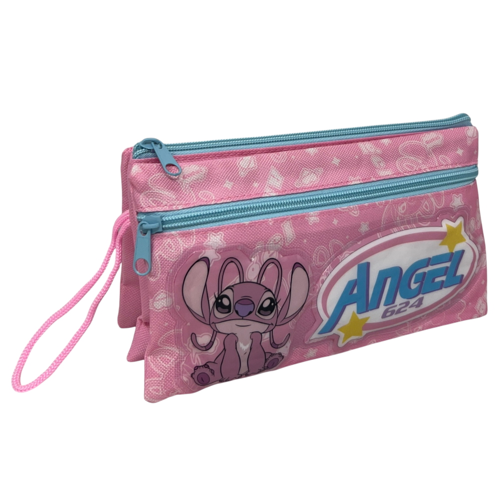 Tombolino Stitch e Angel DISNEY 3 Scomparti Bustina Astuccio Portacolori 22 CM - Lst1337-G