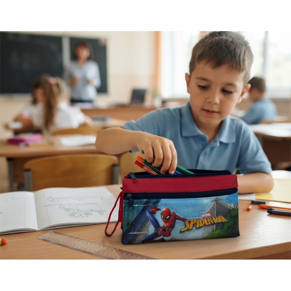 Tombolino Spiderman MARVEL 3 Scomparti Bustina Astuccio Portacolori 22 CM - Sp1337