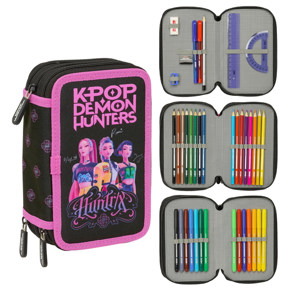 Astuccio 3 Zip Scuola Huntrix Kpop Demon Hunters Multiscomparto Portacolori - 8857