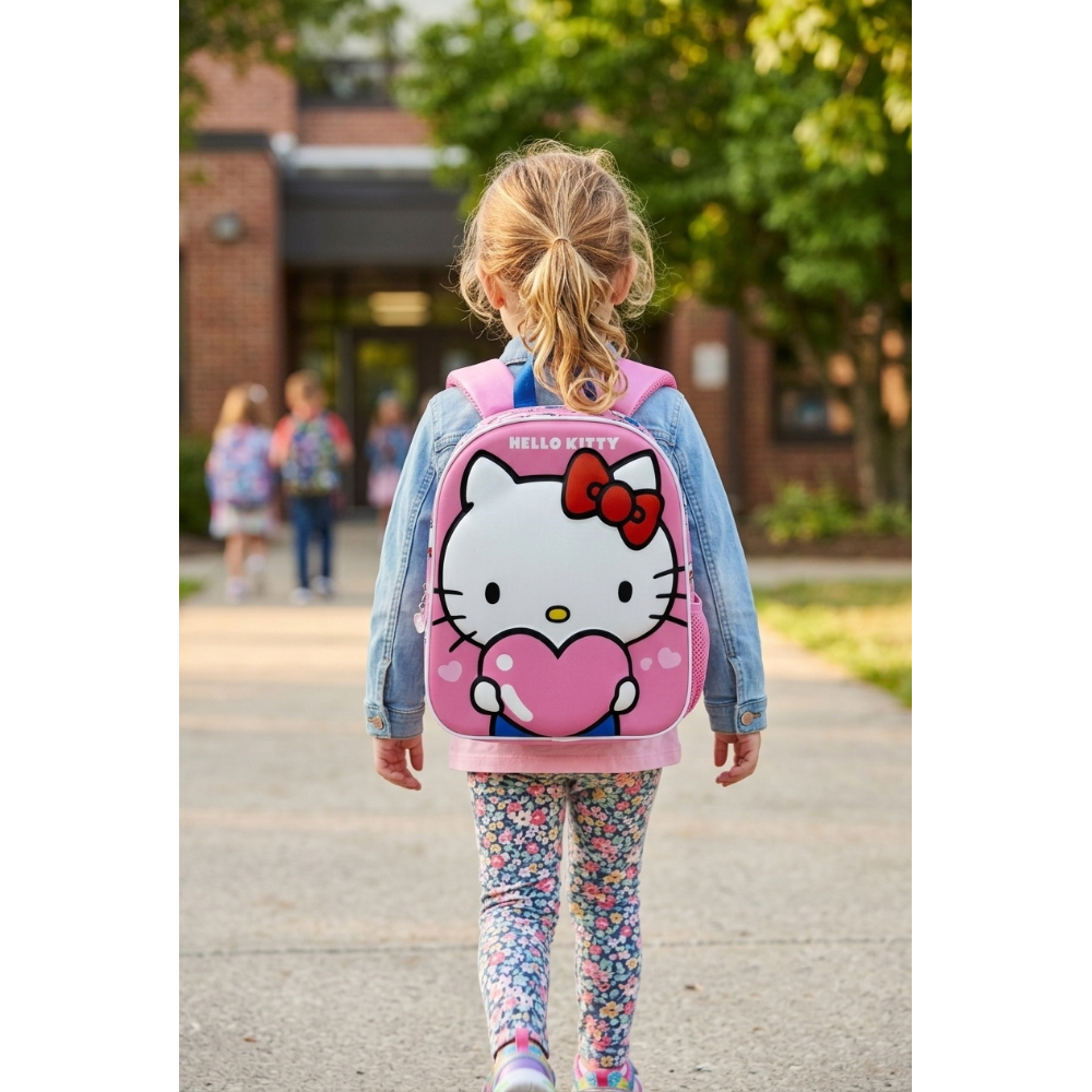 Zaino Asilo 3d Hello Kitty Sanrio Borsa 31 CM con Charm Cuore e Tasca Laterale - 09606