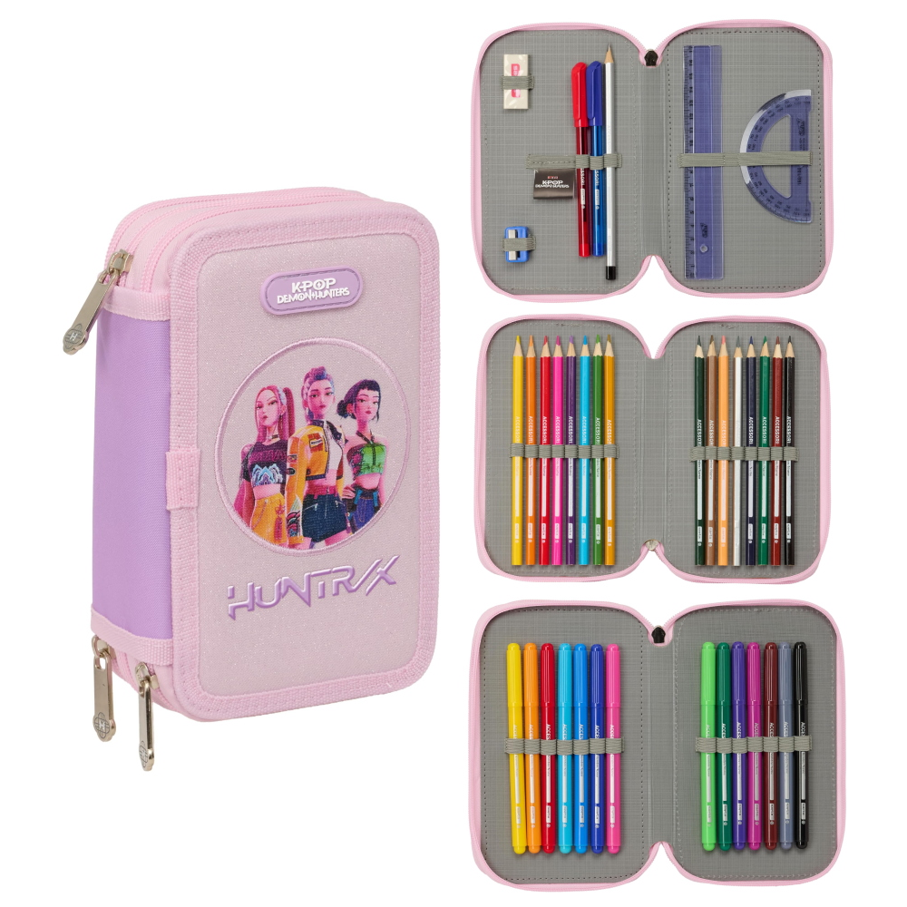 Astuccio 3 Zip Scuola Huntrix Kpop Demon Hunters Multiscomparto Portacolori - 7857