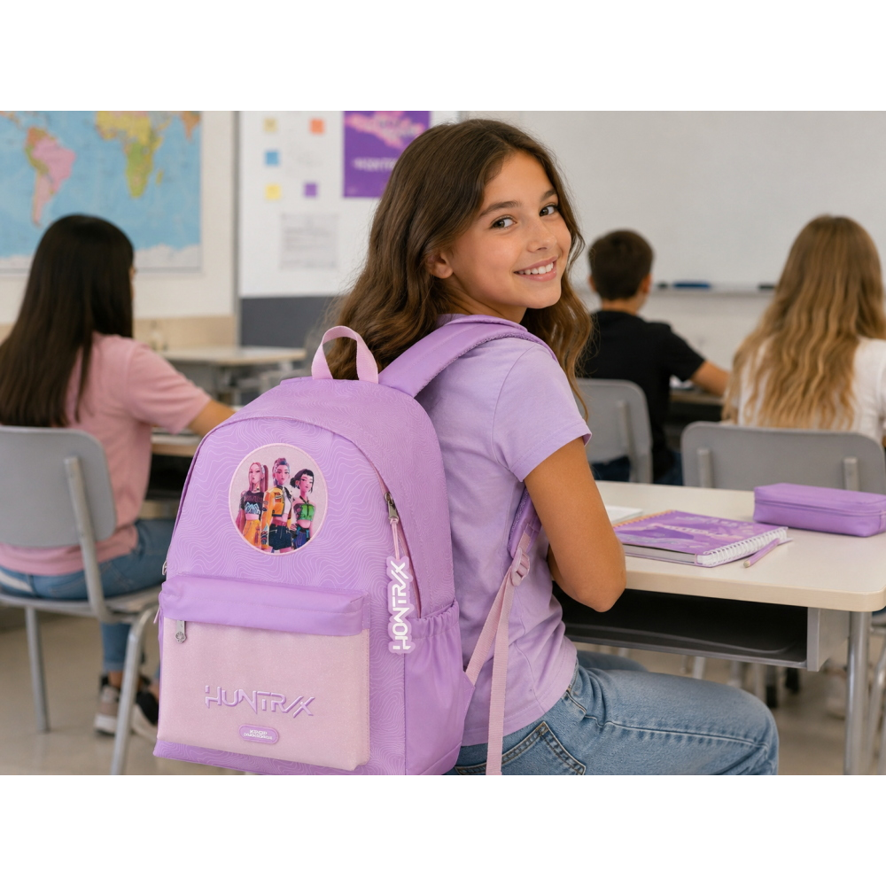 Zaino Scuola Huntrix Kpop Demon Hunters Borsa Modello Americano 43 CM con Tasca Porta Laptop - 7775