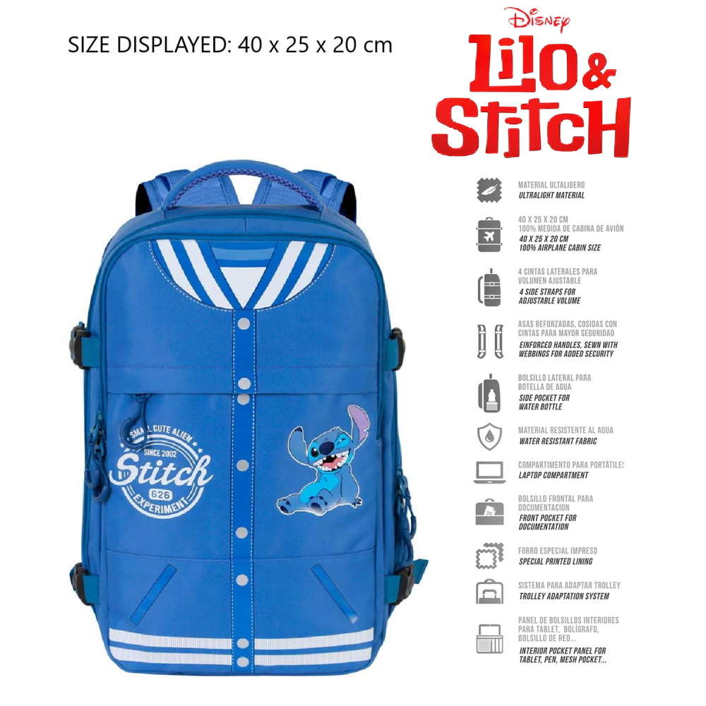 Zaino da Viaggio Stitch DISNEY 40 CM Bagaglio a Mano da Cabina Adattabile a Trolley - 09260
