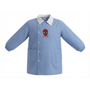 Grembiule Spiderman MARVEL Scuola Asilo Ricamato Quadretti Celeste Cotone - Spm0498