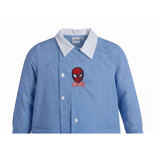 Grembiule Spiderman MARVEL Scuola Asilo Ricamato Quadretti Celeste Cotone - Spm0498