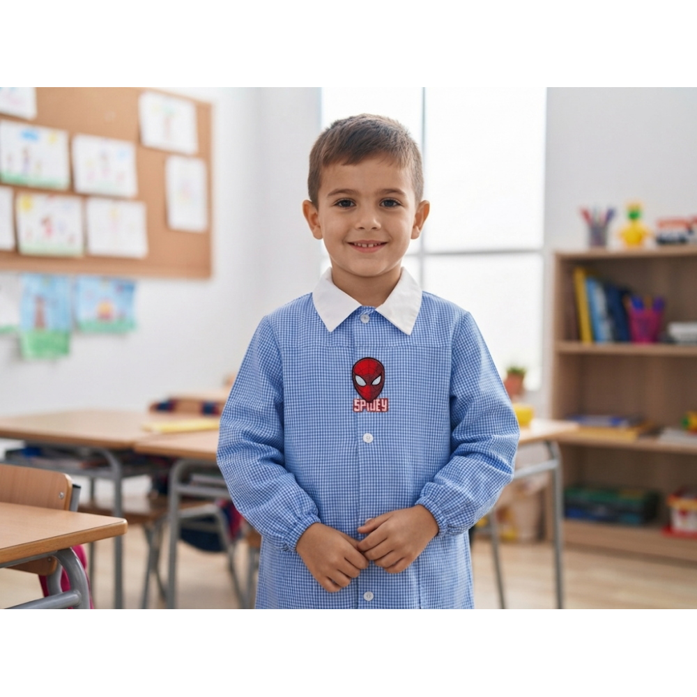 Grembiule Spiderman MARVEL Scuola Asilo Ricamato Quadretti Celeste Cotone - Spm0498