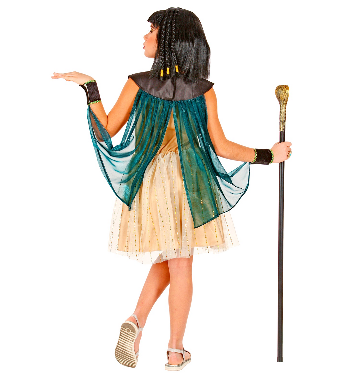 Vestito Carnenale + Accessori Regina Egiziana Vestito Bastone Parrucca Travestimento (8/10 Anni)