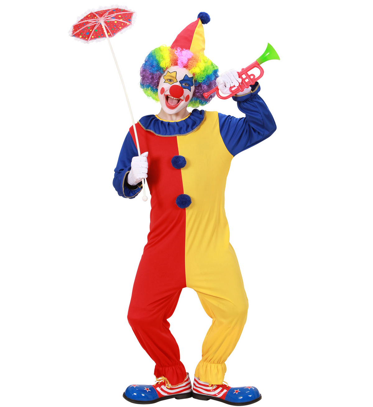 Vestito Carnevale + Accessori Clown Costume Parrucca Tromba Set Trucco con Naso 5/7 Anni Travestimento - 0257+4044n+74590+2720t