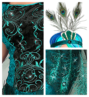 Vestito Carnevale + Accessori Pavone Abito Copricapo Parrucca Travestimento (s)