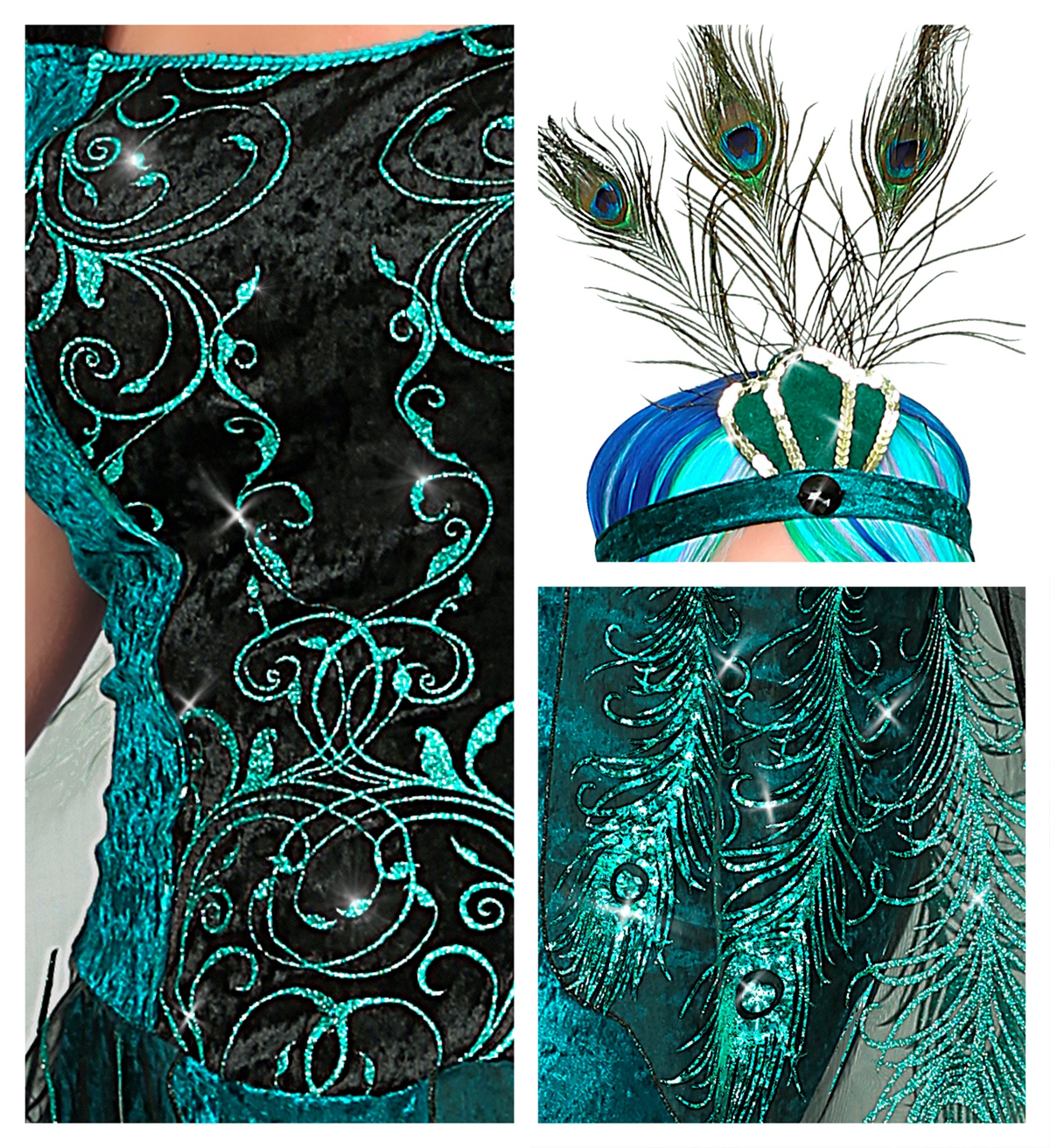 Vestito Carnevale + Accessori Pavone Abito Copricapo Parrucca Travestimento (s)