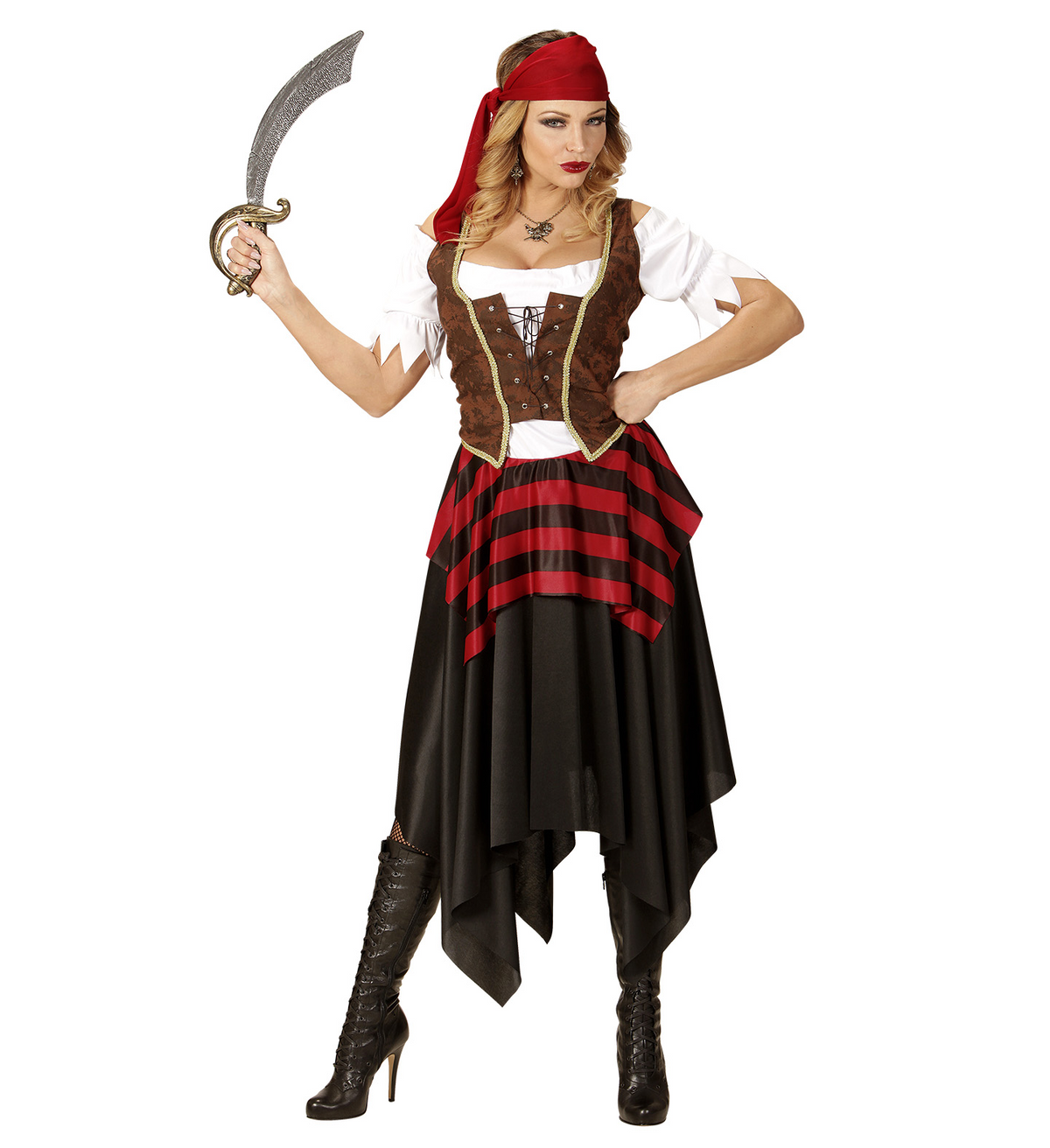 Vestito Carnevale + Accessori Piratessa Adulto Vestito Sciabola Calze Tg. Xs Travestimento - 0562 Adulto+7007b+4750r