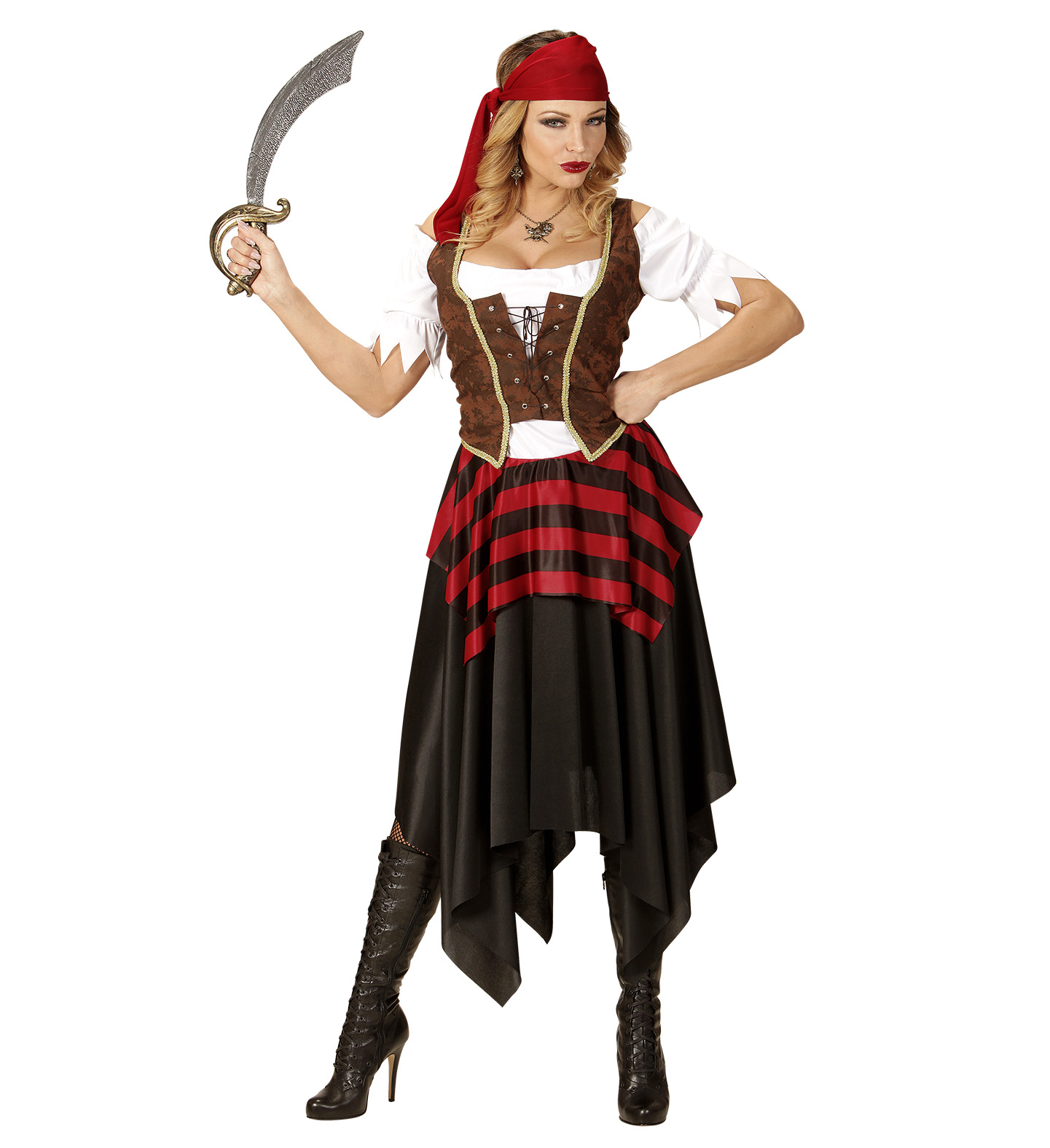 Vestito Carnevale + Accessori Piratessa Adulto Vestito Sciabola Calze Tg. M Travestimento - 0562 Adulto+7007b+4750r