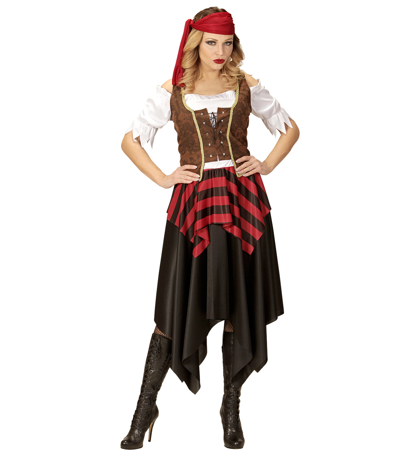 Vestito Carnevale + Accessori Piratessa Adulto Vestito Sciabola Calze Tg. M Travestimento - 0562 Adulto+7007b+4750r