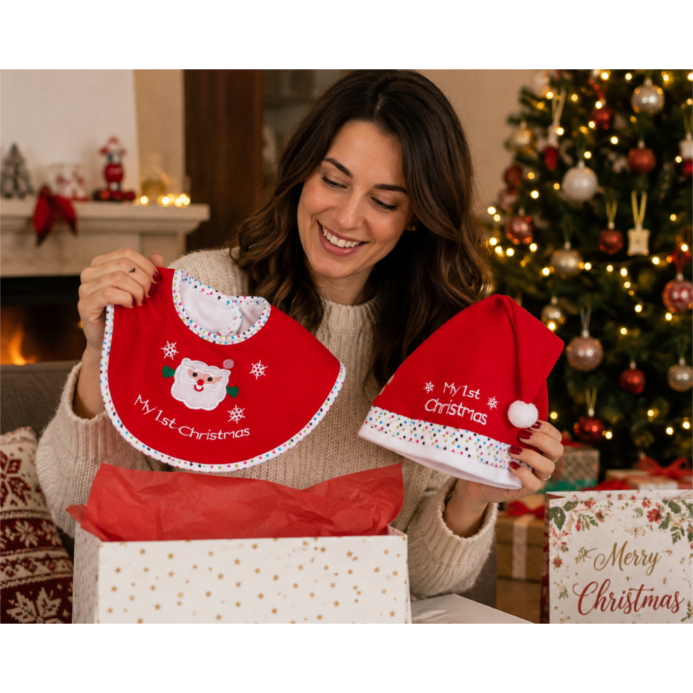 Set Bavetto e Cappellino Natalizio il Mio Primo Natale per Bambini - 42649