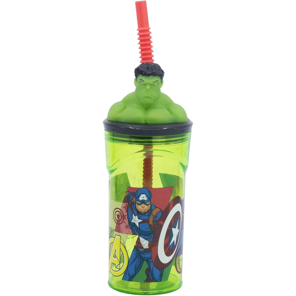 Bicchiere con Cannuccia Avengers Hulk MARVEL Personaggio 3d 360 Ml Bpa Free - St10202