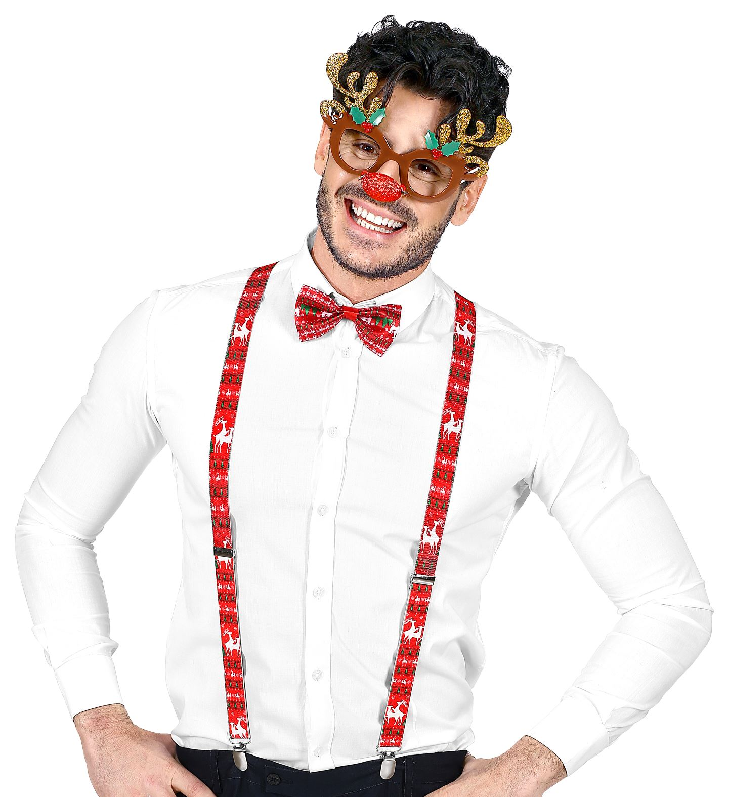Set Travestimento - Renna- Occhiali, Bretelle, Papillon - Accessori Abito Vestito Carnevale Adulto
