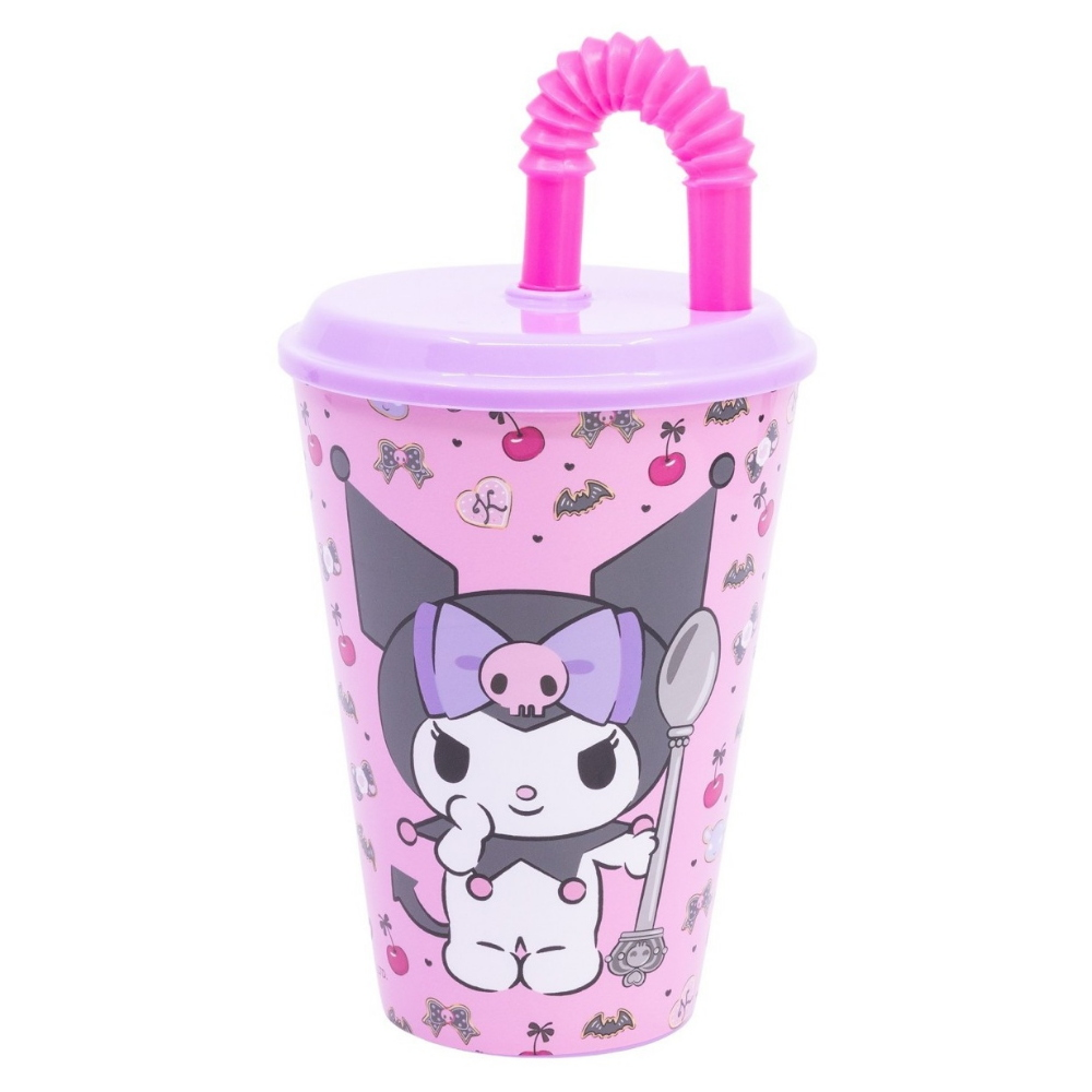 Bicchiere con Cannuccia Kuromi Sanrio in Plastica Riutilizzabile Semirigida Ml.430 - St88330