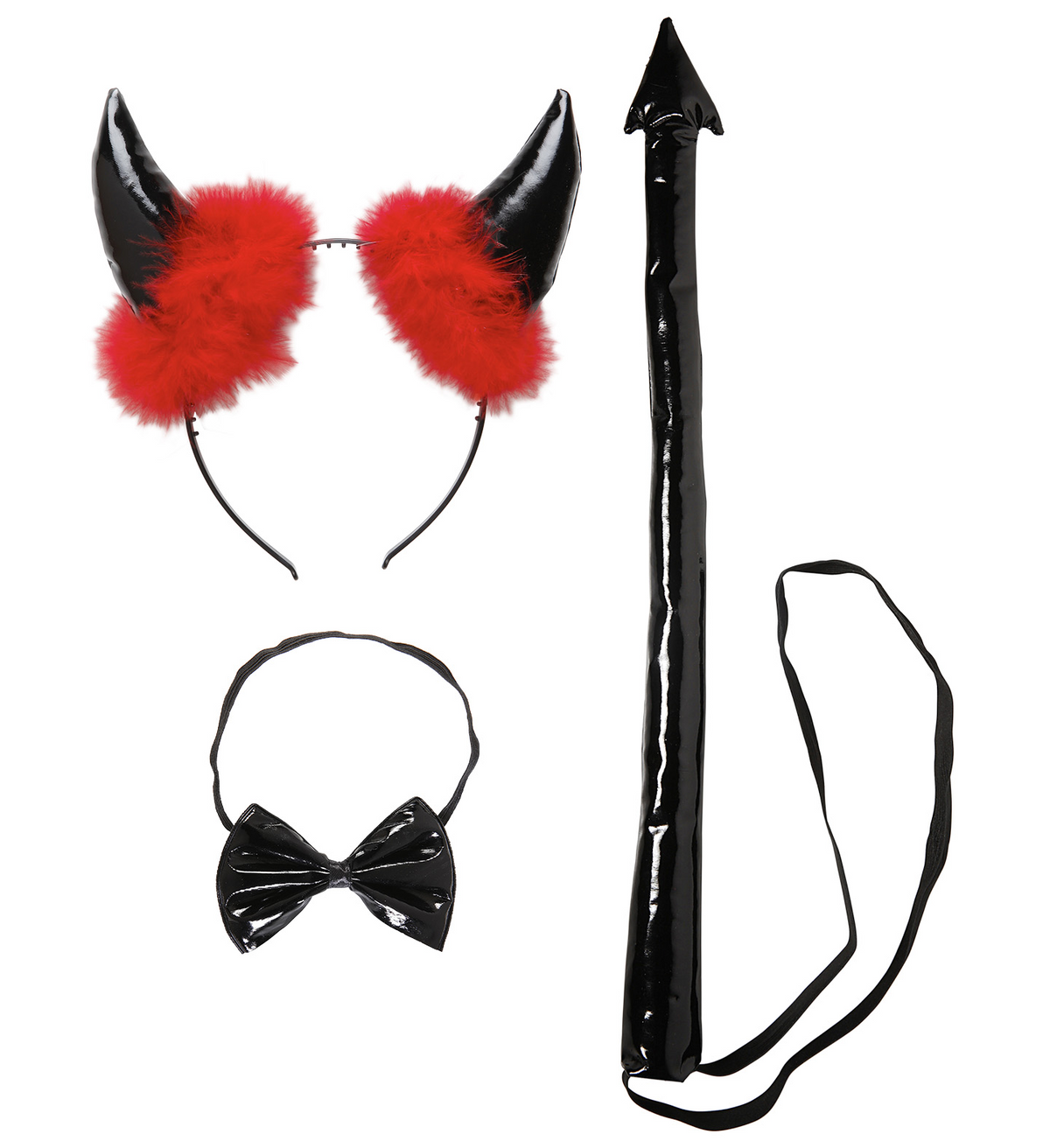 Set Travestimento - Diavolo Nero in Vinile - Corna, Papillon  e Coda - Accessori Abito Vestito Carnevale Adulto