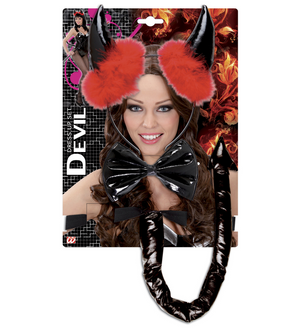 Set Travestimento - Diavolo Nero in Vinile - Corna, Papillon  e Coda - Accessori Abito Vestito Carnevale Adulto