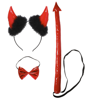 Set Travestimento - Diavolo Rosso in Vinile - Corna, Papillon  e Coda - Accessori Abito Vestito Carnevale Adulto