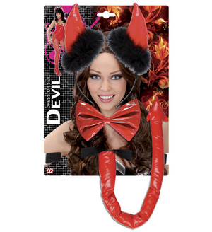 Set Travestimento - Diavolo Rosso in Vinile - Corna, Papillon  e Coda - Accessori Abito Vestito Carnevale Adulto