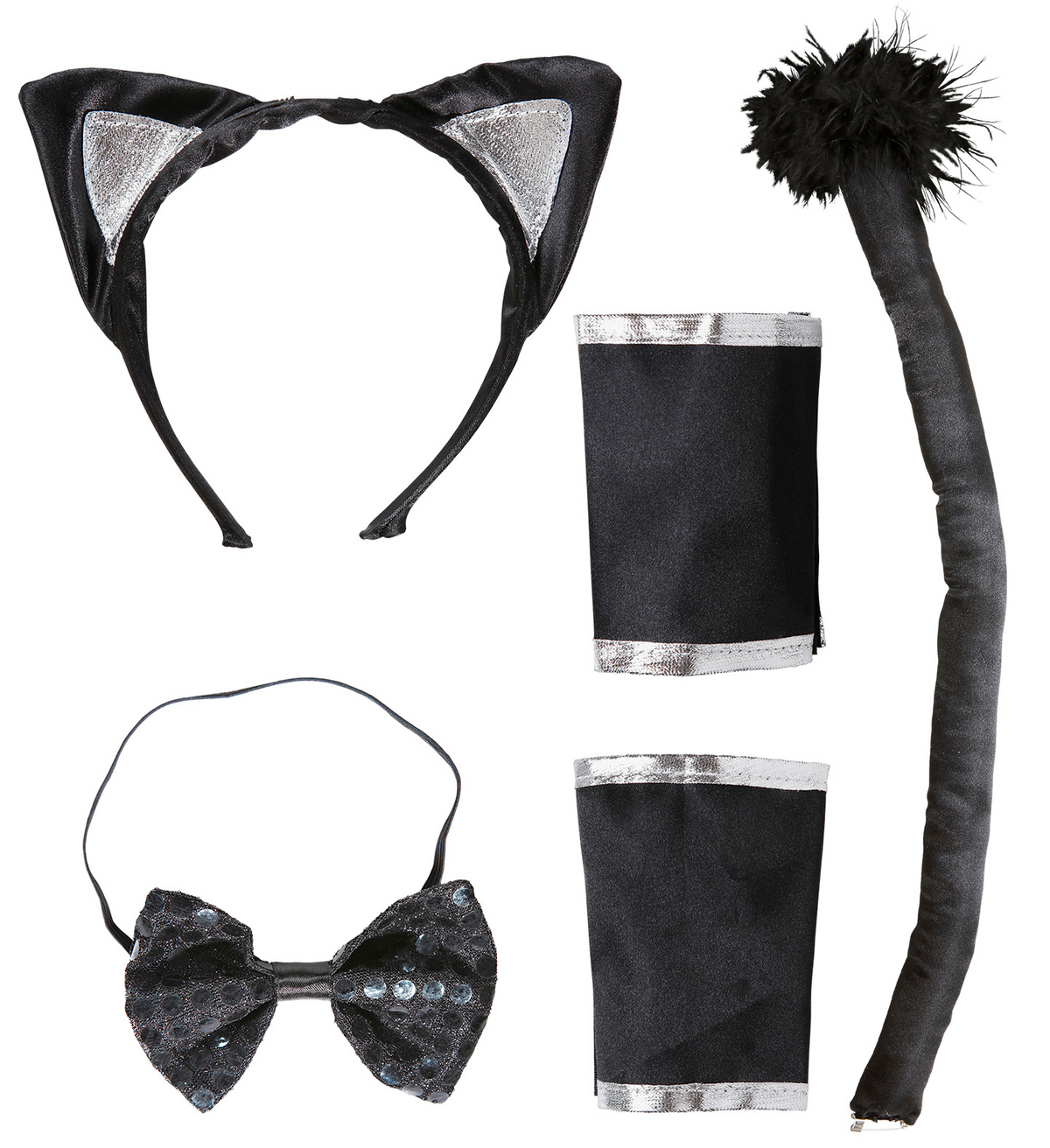 Set Travestimento - Gatto - Orecchie, Papillon, Coda, Polsini - Accessori Abito Vestito Carnevale Adulto