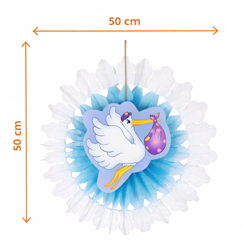 Rosone Cicogna con Bebè - Fiocco Nascita Bambino - Colore Azzurro - Maschietto - 50 Cm.