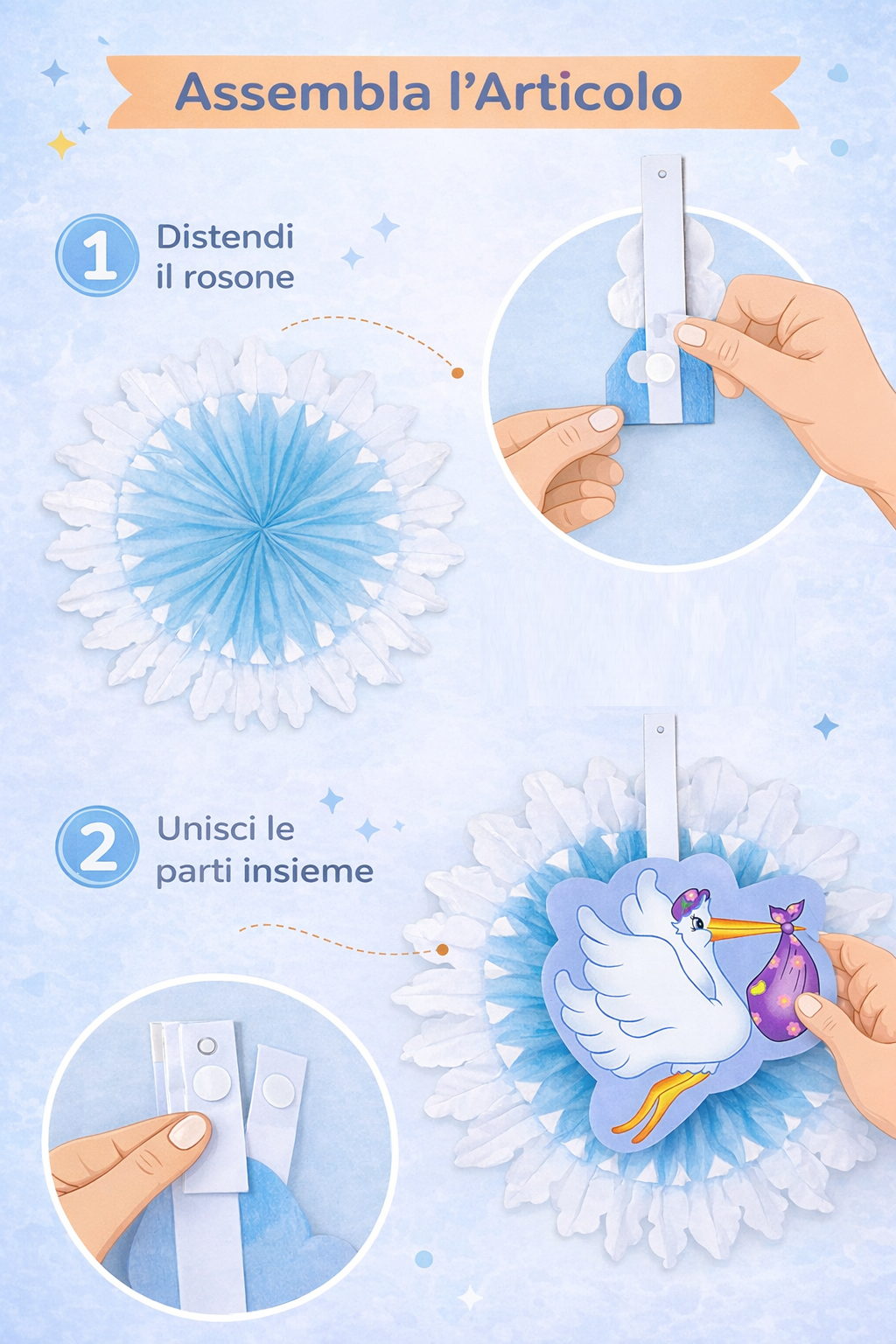 Rosone Cicogna con Bebè - Fiocco Nascita Bambino - Colore Azzurro - Maschietto - 50 Cm.