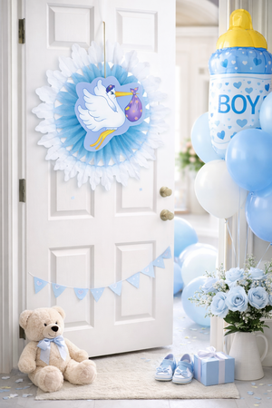 Rosone Cicogna con Bebè - Fiocco Nascita Bambino - Colore Azzurro - Maschietto - 50 Cm.