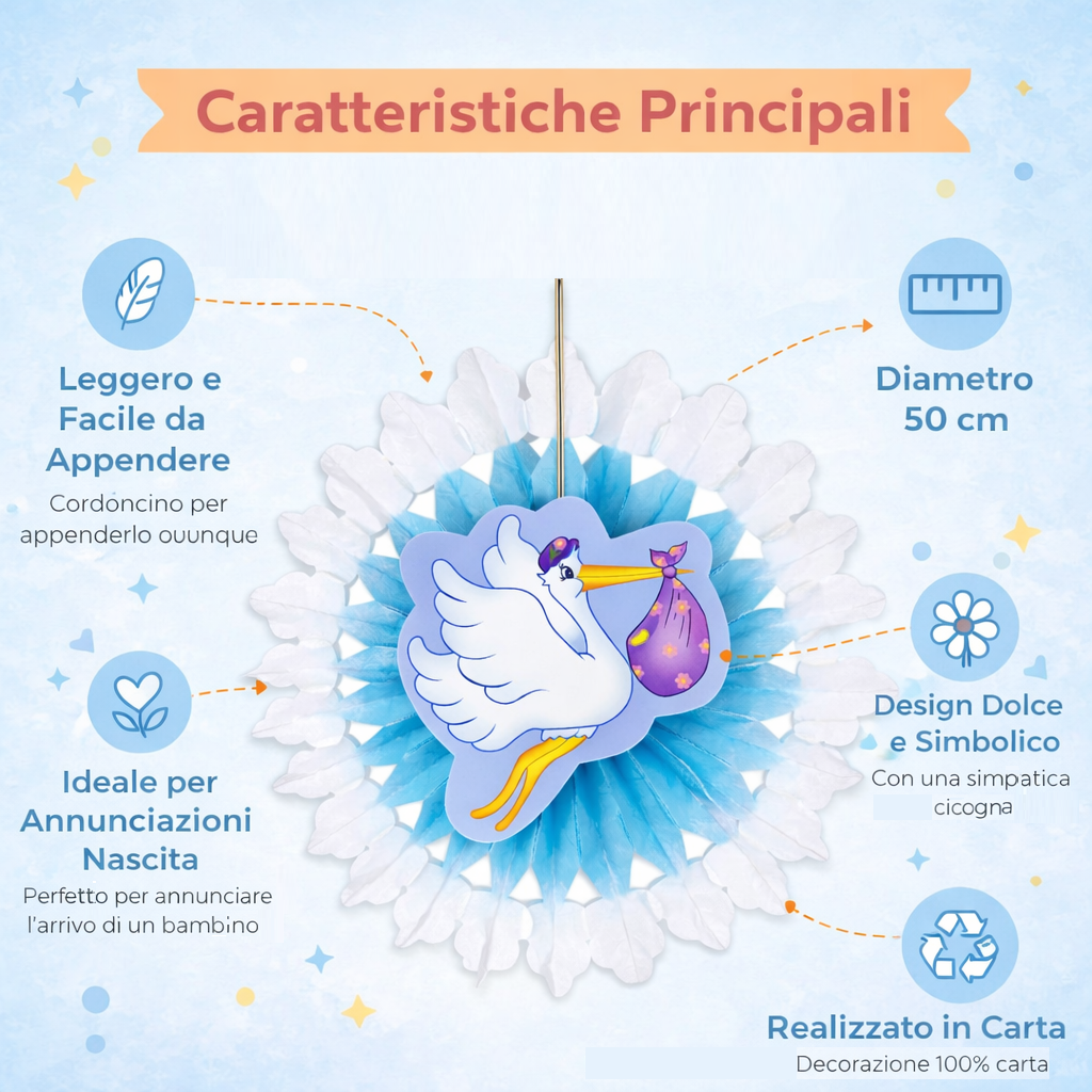 Rosone Cicogna con Bebè - Fiocco Nascita Bambino - Colore Azzurro - Maschietto - 50 Cm.
