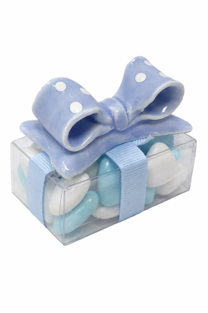 Bomboniera Figura Fiocco Azzurro con Pois in Porcellana - Nascita Neonato Bambino - Cm. 5x2 - 18644