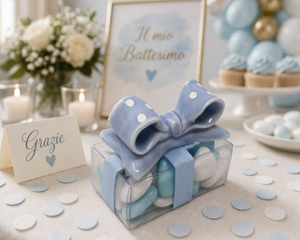 Bomboniera Figura Fiocco Azzurro con Pois in Porcellana - Nascita Neonato Bambino - Cm. 5x2 - 18644
