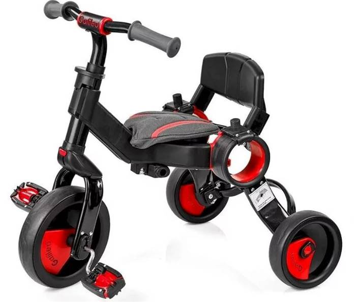 Triciclo Galileo - Bicicletta Passeggino Evolutivo - Pieghevole - 4 in 1 - Nero e Rosso - Età 1/3 Anni - 50516