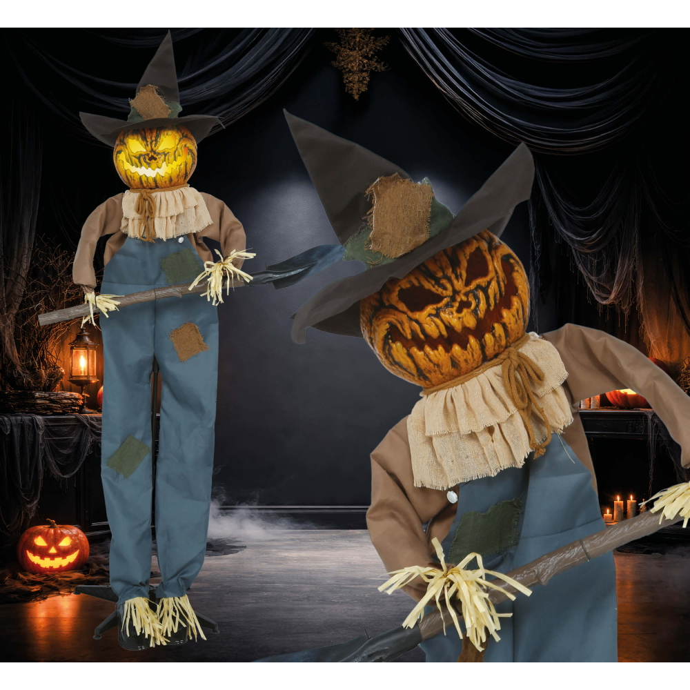 Decorazione Spaventapasseri 190 CM con Base Animato Luci Suoni e Movimento Accessorio Halloween - 29853