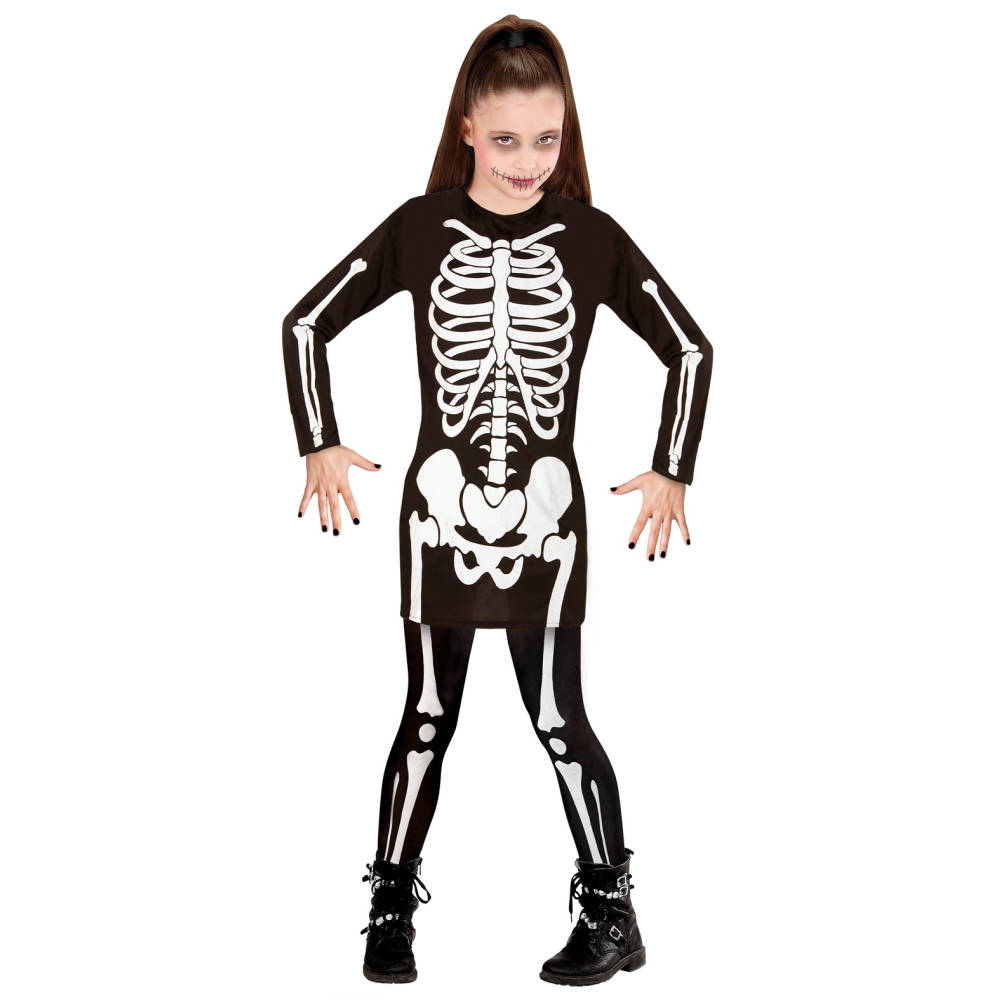 Costume Vestito Abito Travestimento Carnevale Halloween Bambina Scheletro Bianco - 0036