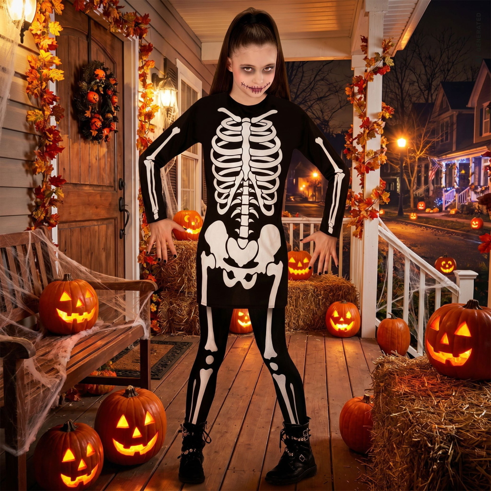 Costume Vestito Abito Travestimento Carnevale Halloween Bambina Scheletro Bianco - 0036