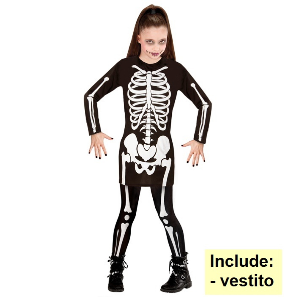 Costume Vestito Abito Travestimento Carnevale Halloween Bambina Scheletro Bianco - 0036