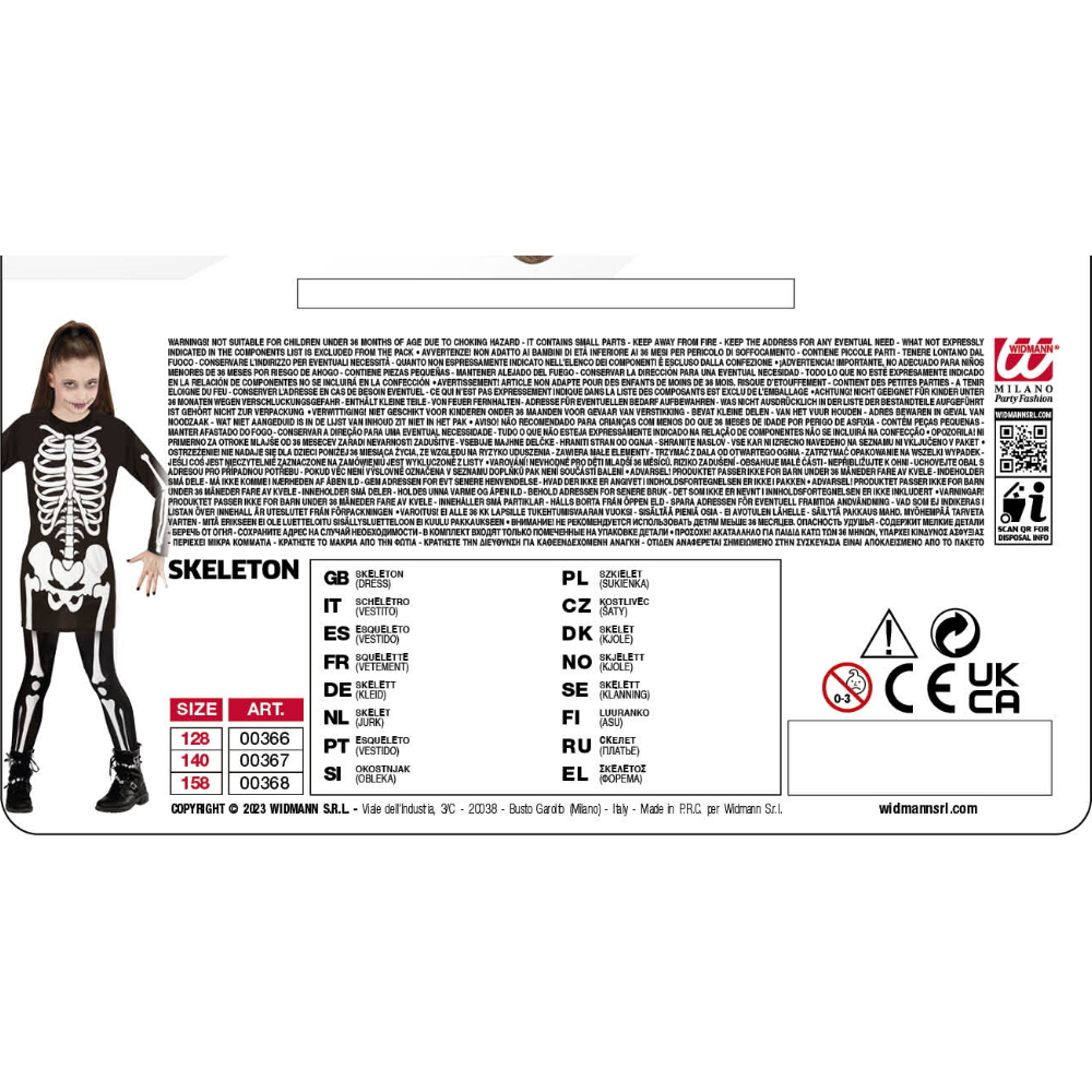 Costume Vestito Abito Travestimento Carnevale Halloween Bambina Scheletro Bianco - 0036
